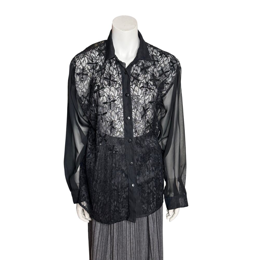 Vintage 90s effeci Shirt Women's Small Lace Sequins Black Sheer - Picture 5 of 5